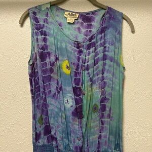 Vintage Adini 80s 90s Rayon Dress Small Abstract blue green Festival tie dye